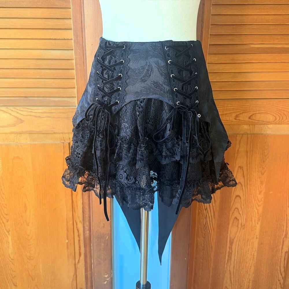 Dark in Love Gothic Victorian Vampire Black Brocade & Lace Swallow Tail Skirt